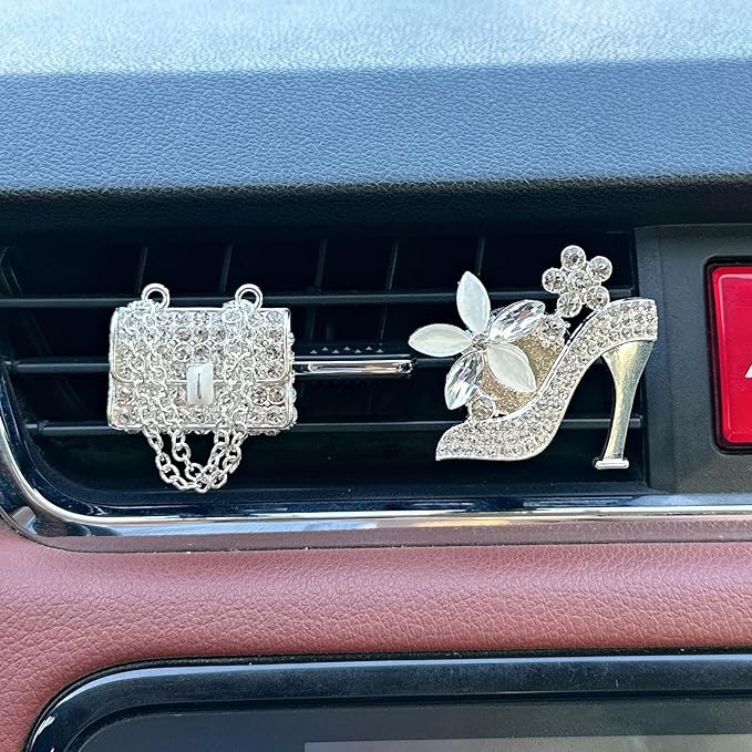 Crystal Heart Car Air Vent Clips - Sparkly Rhinestone Bling Diamond Auto Freshener Holder 4 Pack with Fragrance, Replaceable Car Diffuser for SUV & Sedan (silver High Heel Chain Bag, Ocean)