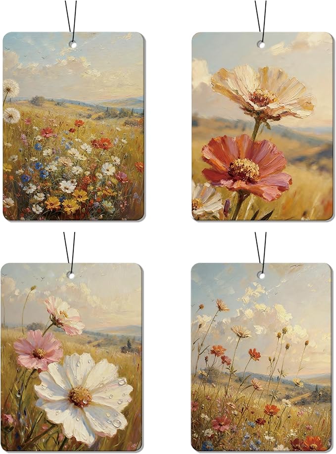 Vintage Floral Field Air Freshener 4 Pcs, Artistic Wildflower Hanging Air Freshener for Cars, Closet, Drawer, Home Decor for Nature Lovers, Gift for Women Who Love Floral Aesthetics