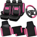 CAR PASS Universal Leather Pink Lace Car Seat Covers Full Set for Women Girls, Waterproof Car Floor Mats Carpet, Steering Wheel Cover for Car Accessories Interior Sets 10PCS Included
