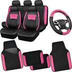 CAR PASS Universal Leather Pink Lace Car Seat Covers Full Set for Women Girls, Waterproof Car Floor Mats Carpet, Steering Wheel Cover for Car Accessories Interior Sets 10PCS Included