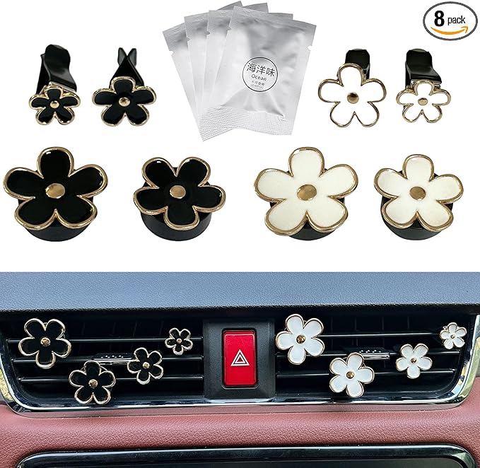 8pcs Cute Five-Petal Flower Car Air Vent Fragrance Clip Daisy Car Air Freshener Air Conditioning Outlet Clip Car Inter Decor (black white, Ocean)