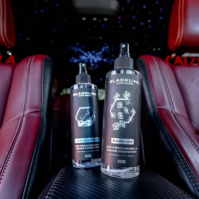 Blackline Car Care - Variety Pack Air Fresheners, Long-Lasting, Oder Eliminator, for Cars, Trucks, SUV, or Home Use - 8 fl OZ - Teakwood, Ocean Breeze, Dark Ice, Wild Cherry Air Fresheners