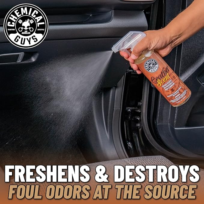 Chemical Guys AIR_102_04 Leather Scent Premium Air Freshener and Odor Eliminator, Long-Lasting, Just Like New Scent for Cars, Trucks, SUVs, RVs & More, 4 fl oz