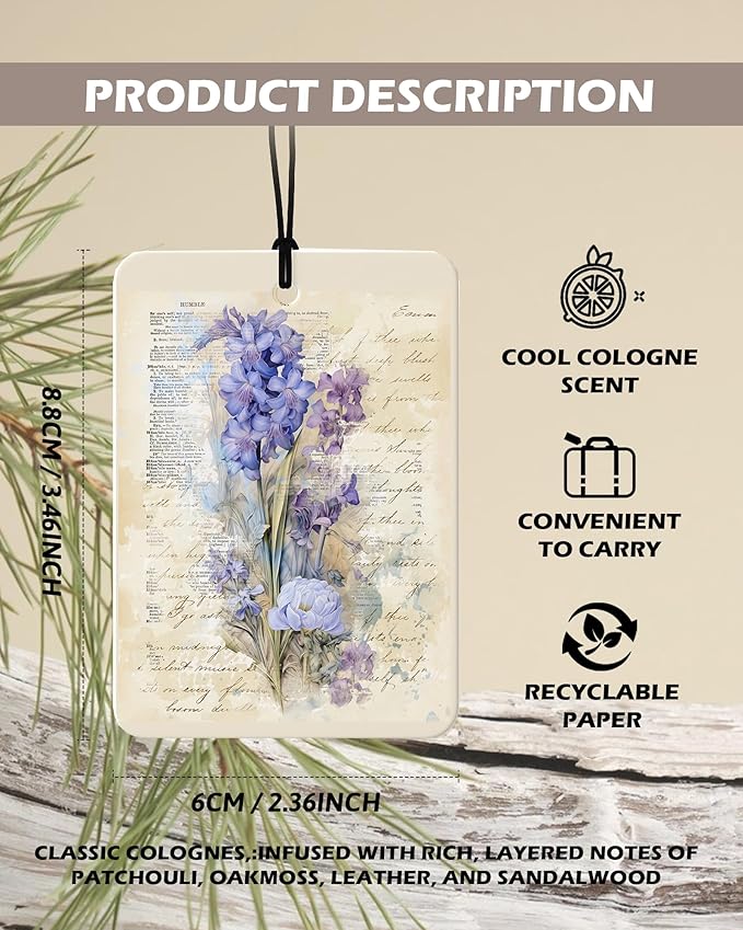 Vintage Purple Floral Cologne Car Air Freshener 4 Pcs, Rustic Hydrangea Violet Campanula Hanging Air Freshener for Cars Bathroom Dorm Books Decor, Cute Flower Accessories Gifts for Women Girls
