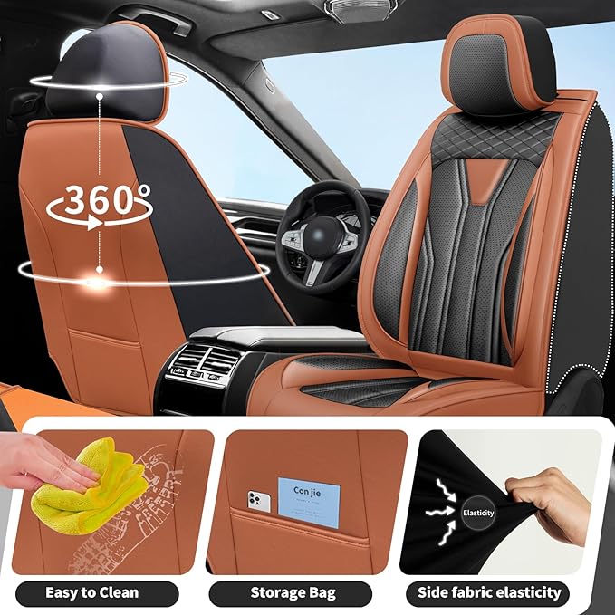 Fit Rogue Car Seat Covers Compatible with Nissan Rogue 2011-2025 2026 - Premium Leather， Waterproof Breathable， All-Weather Seat Cushion Protecto&Airbag Compatible (2 Front Seat Brown&Black)