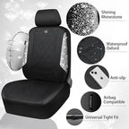 CAR PASS Oxford Bling Diamond Car Seat Covers Full Set Interior Sets, Waterproof Shining Glitter Sparkly Crystal Universal Armrest Fit 95% Automotive Truck SUV Cute Women Girl, Black Silver Rhinestone