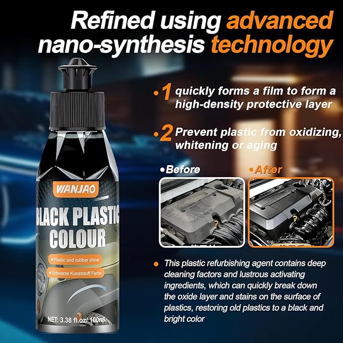 100ML Car Plastic Restorer Black, Black Trim Restorer Automotive with Sponge, Renew Protect Faded Trim Bumpers Dashboards Long Lasting Shine Easy to Apply for Cars RVs Vehicles and Motorcycles