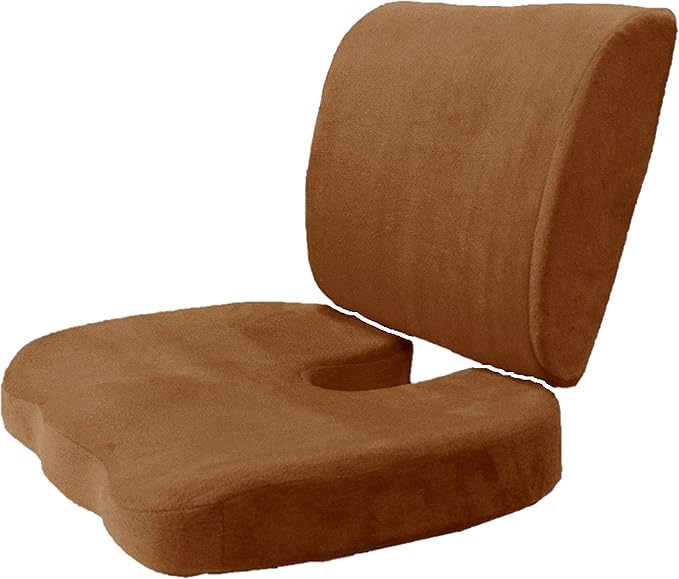 Bookishbunny 2pc High Resilience Memory Foam Seat Chair Waist Lumbar Back Support Cushion Pillow Car Office Home (Brown)