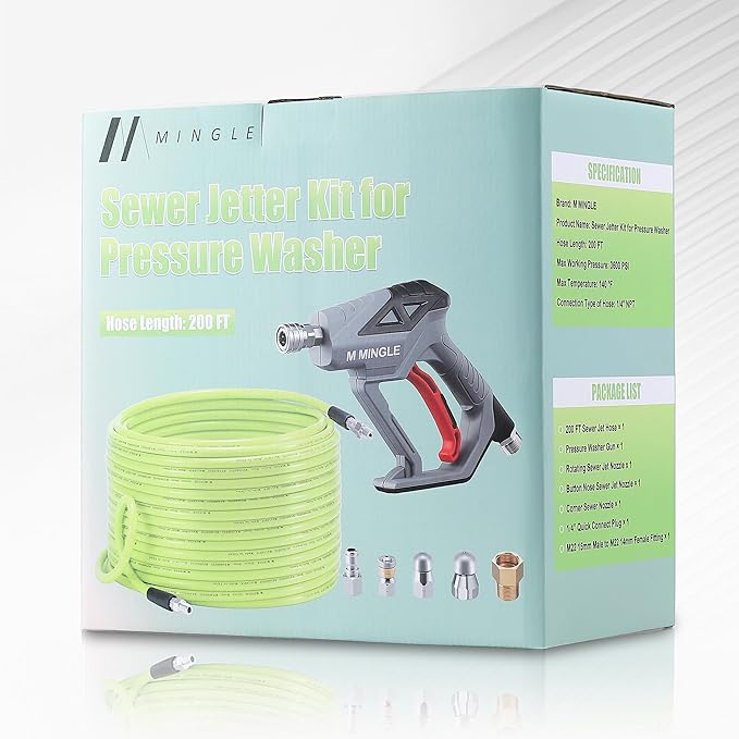 M MINGLE Sewer Jetter Kit for Pressure Washer 200 FT, Drain Cleaner Hose with Power Washer Gun, 1/4 Inch NPT Corner Rotating and Button Nose Sewer Jetting Nozzle, Orifice 4.0, 4.5