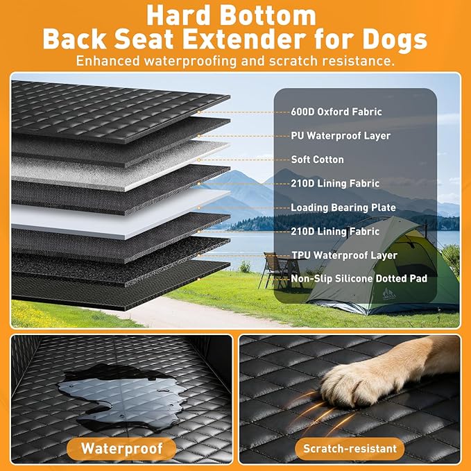 Dog Car Seat Cover for Back Seat, Hard Bottom Back Seat Extender for Dogs, Dog Hammock for Car SUV and Trucks - Waterproof, Anti Scratch，Easy to Clean, Supports 400lbs