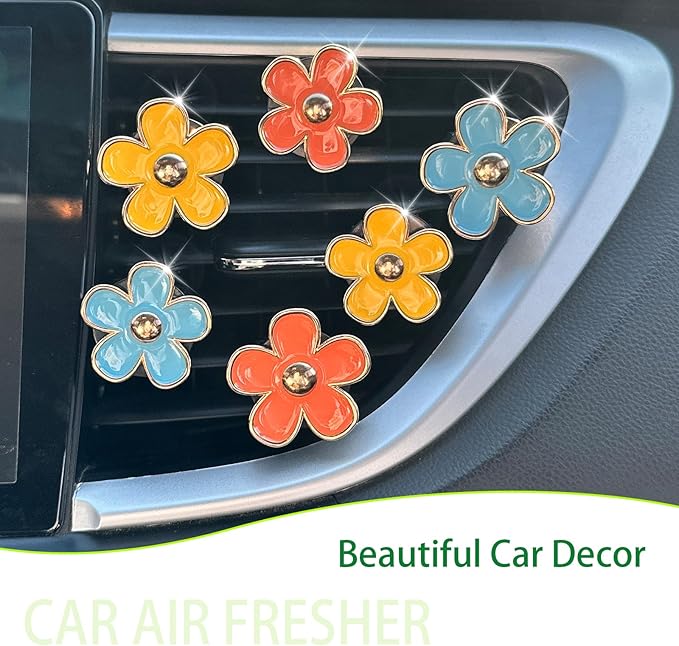 6pcs Car Air Freshener Vent Clips, Daisy Flower Air Diffuser - Blue, Orange, Yellow - Refillable 3.3cm/3cm Car Accessories for Women