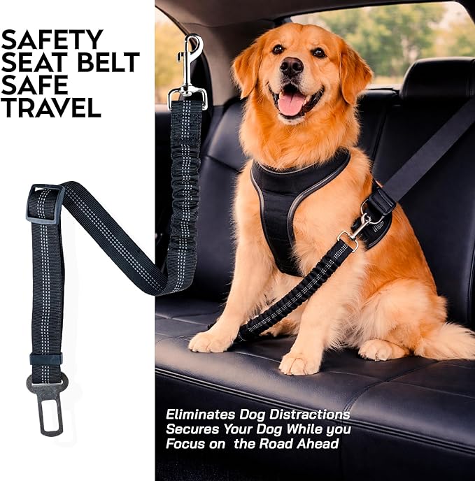 Janrie Dog Seat Belt, Adjustable Dog Seat Belt for Car - Retractable Vehicle Nylon Pet Safety Dog Car Harness, Metal Buckle with Elastic Bungee Buffer,Heavy Duty Seat Belt (1 Pack Black)