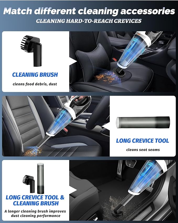 BRL Handheld Vacuum Cordless, Car Vacuum Cleaner with Powerful Suction, 2 Modes Mini Hand Vacuum, Dry & Wet, LED Light, Portable Vacuum for Car Pet Hair, Home, Office, Keyboards White Sliver