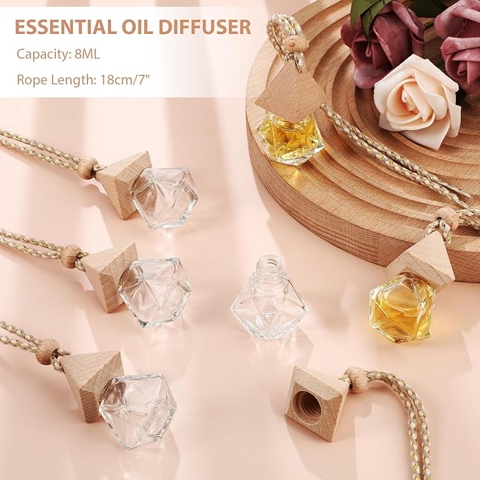Demissle 50 Pcs Hanging Car Air Freshener Car Diffuser Bottles Empty Glass Perfume Diffuser Bottles Pendant Bulk for Essential Oils Fragrance Aromatherapy Bottle Ornament(Diamond and Triangle)