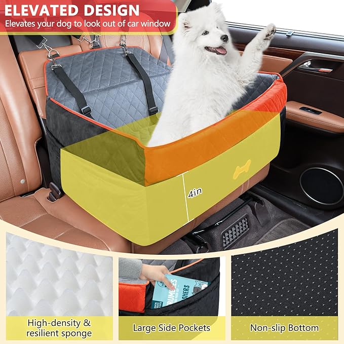 PetsHome Dog Car Seat for Medium Large Dogs, Detachable Washable Pet Booster Seat with Memory Foam Cushion, Side Pockets, 2 Clip-On Safety Leashes Pet Car Seat for Dog Up to 60 lbs/2 Small Dogs-Black