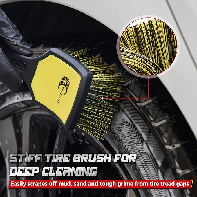 Wheel & Tire Brush Set, 2 Pack Car Wheel Brush & Tire Cleaner Brushes, Soft Bristle Rim Brush and Stiff Tire Scrub Brush, Scratch-Free Wheel Cleaning Kit for Car Detailing, Trucks, SUVs
