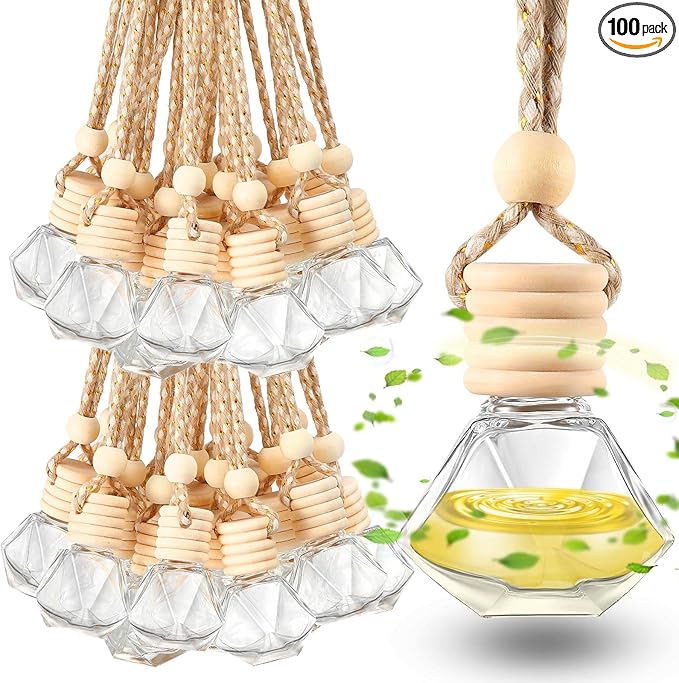 Rtteri 100 Pcs Hanging Car Air Freshener Diffuser Bottles Empty Glass Perfume Diffuser Vials Refillable Oil Aromatherapy Pendant with Wooden Caps and Hanging String for Car Home Office Decor(Diamond)