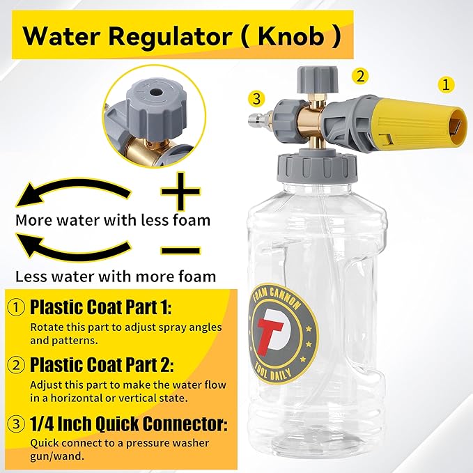 Tool Daily Foam Cannon with Pressure Washer Gun, Dual Connector Accessory, Power Washer Gun with 3/8'' Swivel Connector, Adjustable Soap Cannon with M22-14 and 1/4” Quick Connect Fittings, 1.5 Liter