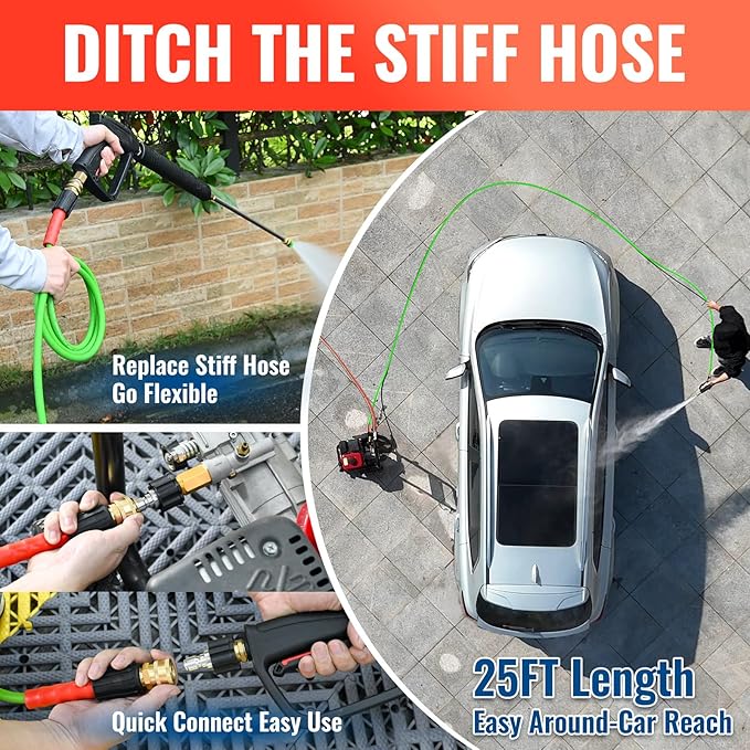 YAMATIC Upgraded Flexible Pressure Washer Hose 25FT 1/4", 3200 PSI Non-Kink Replacement with M22-14mm & 3/8" Quick Connect Adapters, Extension for Gas Power Washer Troy-Bilt Ryobi Honda Craftsman