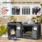 Petskd 2 in 1 Double Cat Car Travel Carrier with Litter Box, 38"x17"x18" Portable Dual Extra Large Cat Carrier for Multiple Cats with Zipper Locks for Moving Across The Country(Grey)