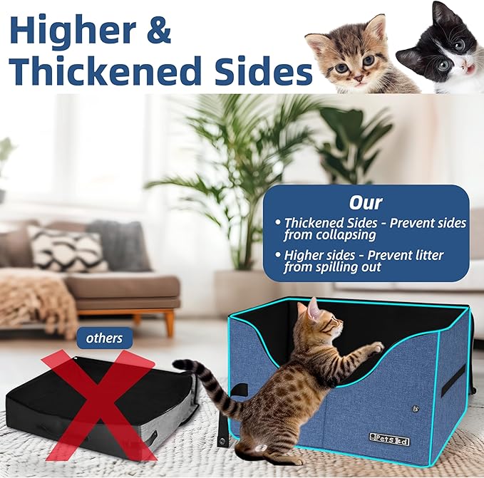 Petskd Portable Travel Litter Box for Cats with Lid and 10 pcs Liner Bags, Light Weight, Leak-Proof and Higher Sides for Road Trips, Hotel Stays, Car Travel(Blue)