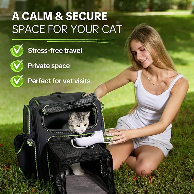 Cat Carrier Backpack for Travel & Car with Seat Belt Safety System, Expandable Pet Carrier for Cats & Small Dogs up to 25 lbs, Breathable, Durable, Foldable, Travel Friendly