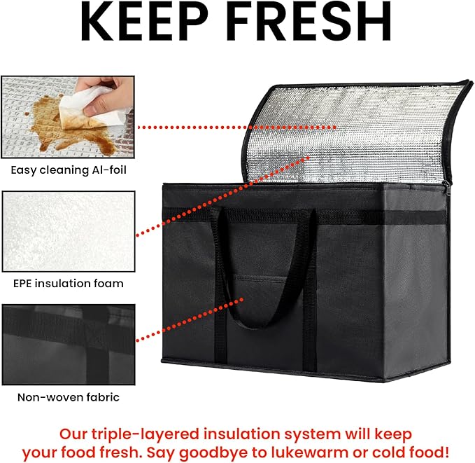 NZ home Insulated Bags for Food Delivery (XL Plus) Grocery Shopping Cooler Bag, Pizza Delivery, Hot & Cold Catering Tote, Reusable, Foldable & Heavy Duty (2 Pack, Orange)