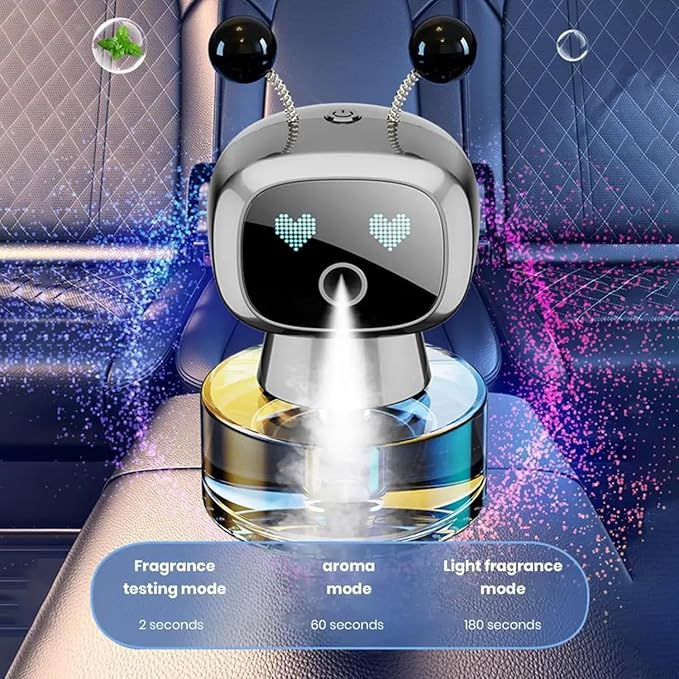 Robot Intelligent Aromatherapy Machine, Smart Cute Robot Car Air Freshener - Fine Spray/Fillable/Four-Gear Adjustment/Vibration Sensing/On-Off/Large Capacity Long-Lasting Fragrance/Gray-V2(Osmanthus)