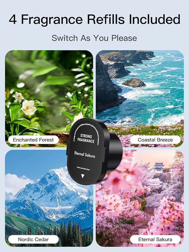 Smart Car Air Freshener Diffuser, Waterless Essential Oil Diffuser with 4 Modes, 4 Scent Refills, Auto On/Off, USB - C Rechargeable Wireless, Ambient Light for Home/Car (5502-Gunmetal Grey)