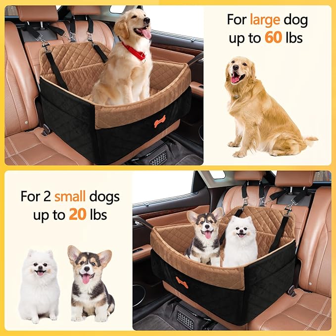 PetsHome Dog Car Seat for Medium Large Dogs, Detachable Washable Pet Booster Seat with Memory Foam Cushion, Side Pockets, 2 Clip-On Safety Leashes Pet Car Seat for Dog Up to 60 lbs/2 Small Dogs-Brown