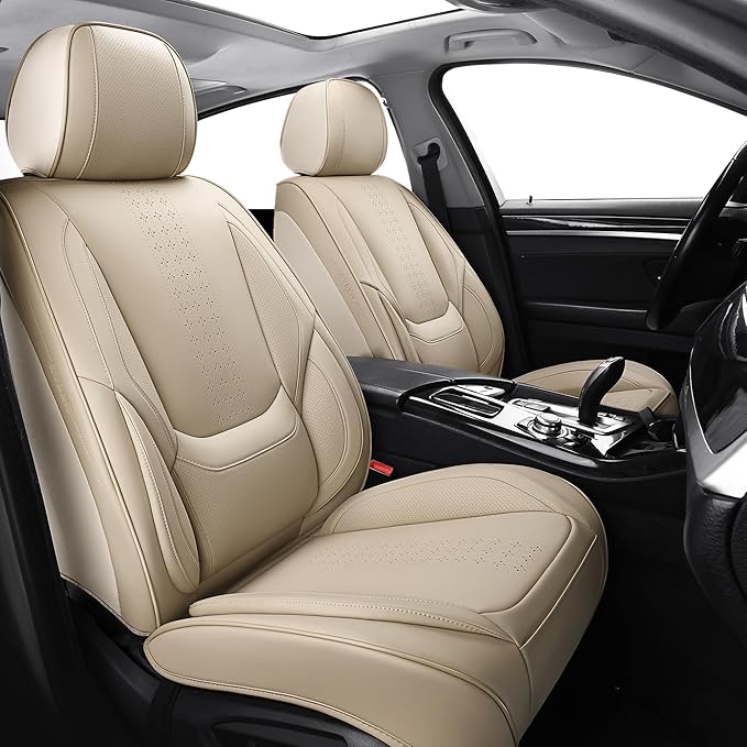 Chezope Leather Seat Covers, Beige Car Seat Covers Front Pair, Breathable Car Seat Protectors, Wear-Resistant Car Accessories, Universal Fit for Most Cars,SUVs Truck (Beige-Solid, Front Pair)