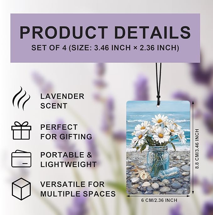 Blue Beach Daisy Floral Chair Pelican Car Air Freshener 4 Pcs, Beachy Coastal Ocean Seaside Hanging Air Freshener for Cars Closet Drawer Books, Girly Car Accessories Mirror Decor for Women