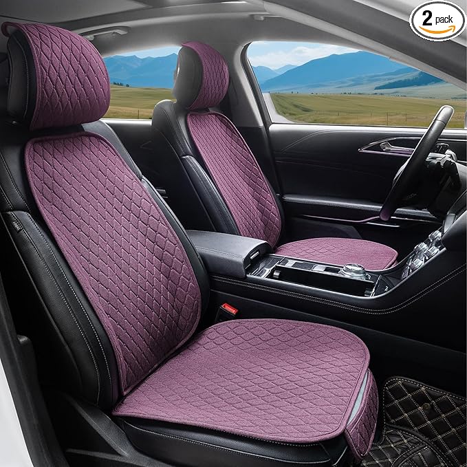 2 Pack Linen Front Car Seat Covers Universal Car Seat Pad Protectors Vehicle Cover Automotive Seat Protectors for Cars Trucks SUV (2Pack Purple)