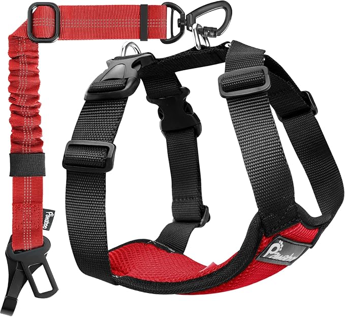 Pawaboo Dog Seat Belt Harness for Car, Dog Car Harness Seatbelt with Double Clips, Adjustable Breathable Pet Vest & Dogs Safety Tether with Elastic Bungee for Small Medium Large Pet, XL, Red+Black