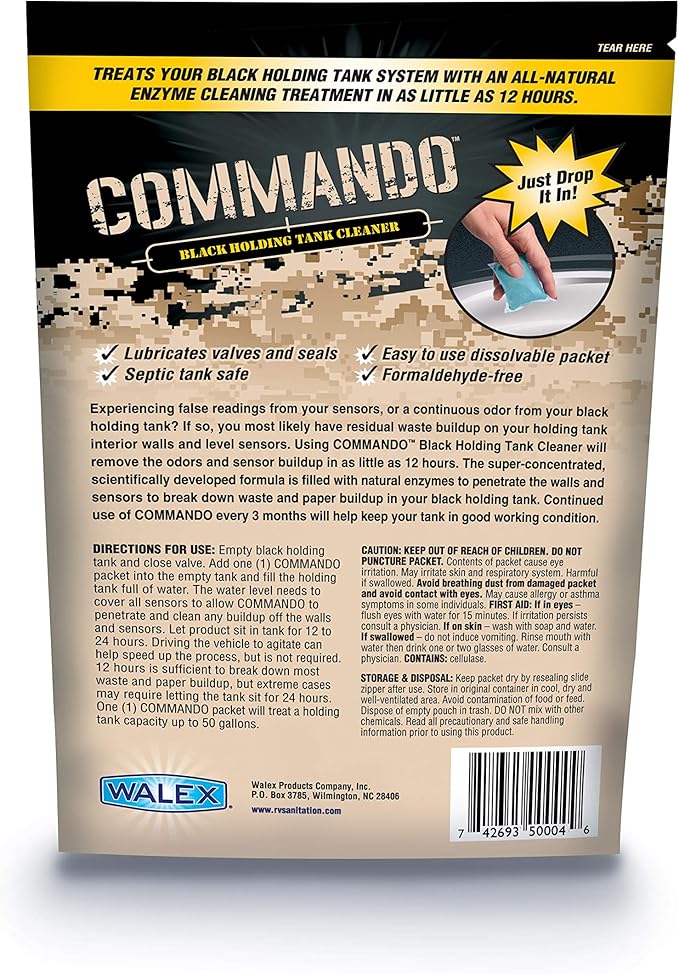 Walex Commando RV Black Holding Tank & Sensor Cleaner - Eliminates Waste & Paper Buildup, Restores Sensor Function, Lubricates Valves & Seals, Advanced Enzyme Formula; Dissolvable Packets, 4 Count