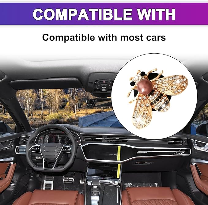 Shiny Bee Air Outlet Clips, Crystal Air Fresheners Vent Clips, Car Diffuser Vent Clip Rhinestone Diamond Interior Decor, Car Decoration, Bling Car Accessories (2 Pcs Golden)