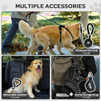 FURRYFECTION Plaid Dog Harness for Large Dogs, Reflective No Pull Adjustable Pet Vest with Front Clip, Leash, Easy Control Handle and Seat Belt, Black, XL
