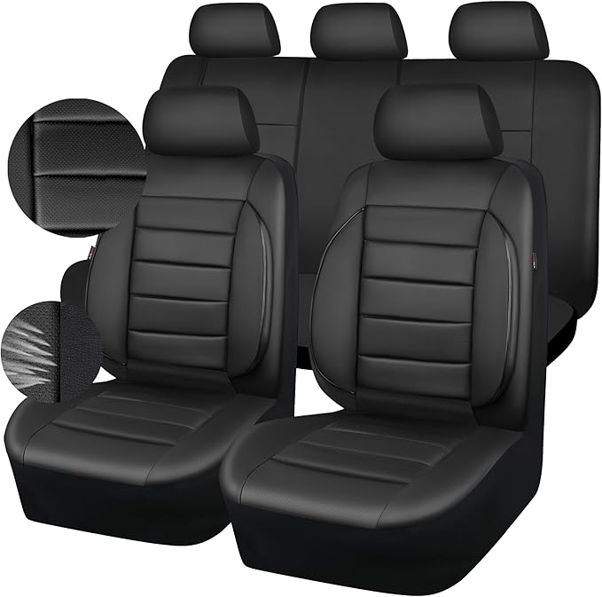 CAR PASS Leather Seat Covers Full Set Universal Water Resistant 3D Foam Back Support, Luxury Comfort Automotive 5 Seat Covers All Season Fit for SUV,Sedan,Van, Airbag Compatible Elegance(Pure Black)