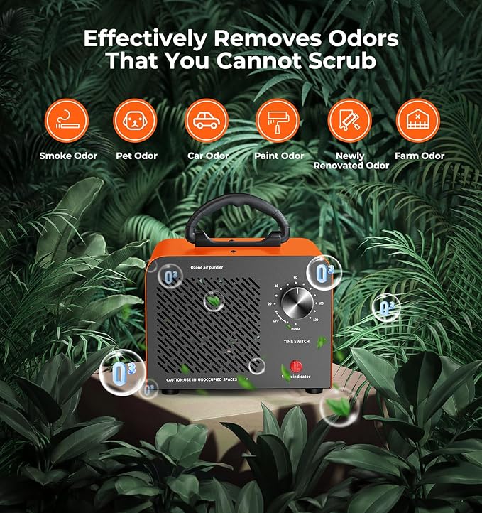 Ozone Generator, 48,000mg/h High Capacity O3 Machine for Large Spaces Up to 4,000 Sq Ft, Portable Odor Eliminator for Car, Home, Basement, Smoke, Pets, and Commercial Use, Orange