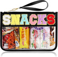 Snack Bag for Travel - Clear Chenille Varsity Letter Flat Pouch with Zipper, 12.2×8.46 inch Waterproof Clear Nylon Preppy Patch Makeup Cosmetic tote Bags for Women Girls