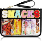 Snack Bag for Travel - Clear Chenille Varsity Letter Flat Pouch with Zipper, 12.2×8.46 inch Waterproof Clear Nylon Preppy Patch Makeup Cosmetic tote Bags for Women Girls