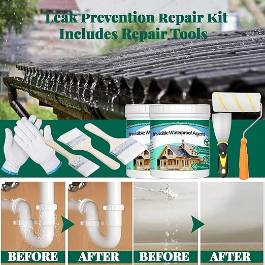 2Kg/70.5Fl.oz Invisible Waterproof Agent Indoor&Outdoor Waterproof Coating Set Transparent Liquid Sealant with Wooden Brush Resistant Work Gloves Putty Knife Cut Paint Roller