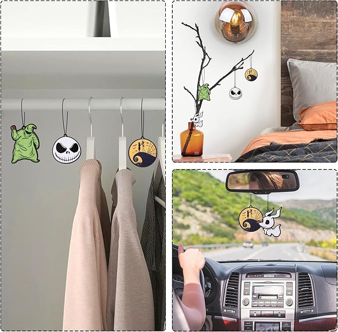 4Pcs Nightmare Sally Theme Car Air Freshener Hanging Fragrance Chips Zombie Bride Ghost Rearview Mirror Pendant Essential Oil Diffuser Hanging Scent Car Accessories Decor