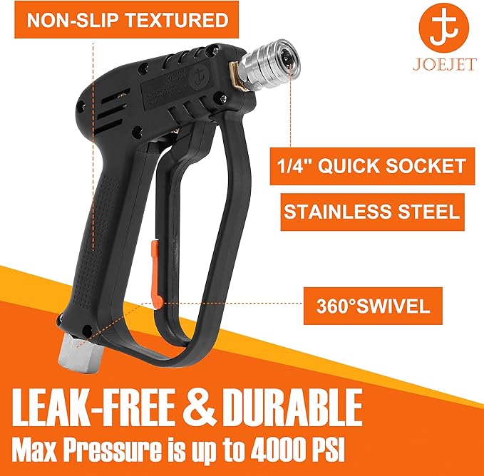 JOEJET Pressure Washer Gun with Swivel, Short Power Washer Gun with 5 Spray Nozzle Tips, 3/8" Quick Connect Plug and M22-14/15mm Fittings