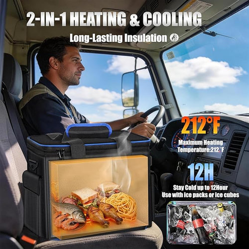 20L Large Heated Lunch Box Insulated Lunch Bag, Auto Temp Control Electric Lunch Box for Adults Men, 12/24/110V Portable Food Warmer for Truck/Car/Work/Travel, Lonchera Eléctrica Portátil