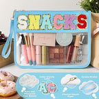 Snack Bag for Travel - Clear Chenille Varsity Letter Flat Pouch with Zipper, 12.2×8.46 inch Waterproof Clear Nylon Preppy Patch Makeup Cosmetic tote Bags for Women Girls