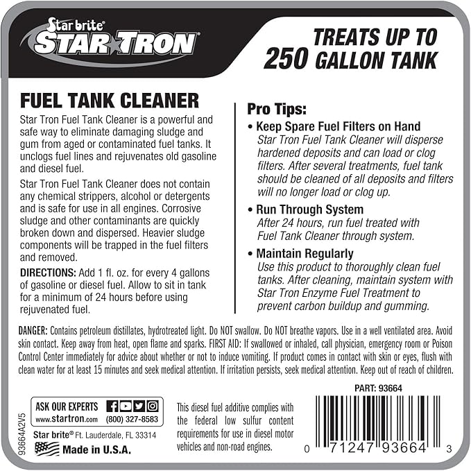 Star Tron Fuel Tank Cleaner – Removes Sludge, Varnish & Other Deposits – Helps Restore Performance of Old, Stale Fuel – Concentrated Formula for Gasoline and Diesel Tanks