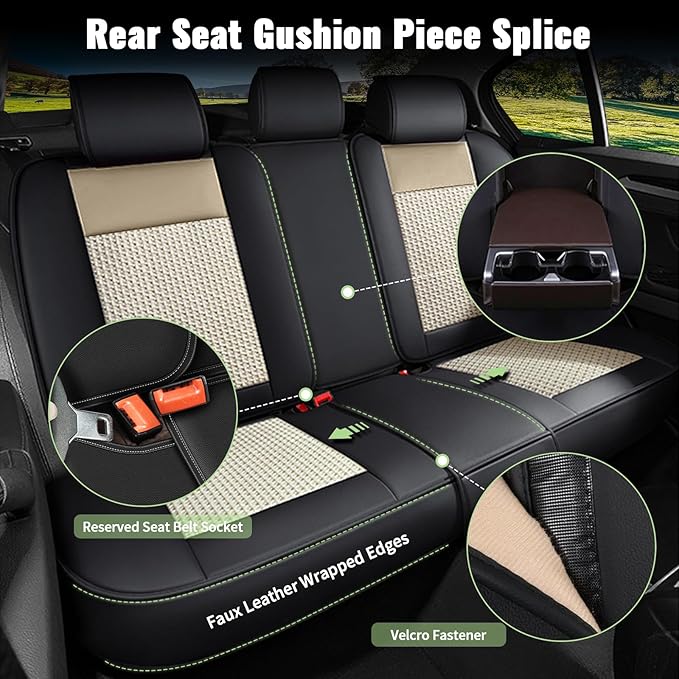 Car Seat Covers Full Set for Nissan Maxima 2011-2025 2026 - Breathable Cooling Ice Silk Leather Seat Cover - 5 Seats for Nissan Maxima Accessories (Black&Beige)