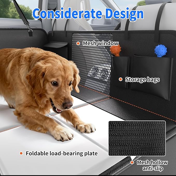 Back Seat Extender,Dog Car Seat Cover with Hard Bottom,Waterproof Dog Hammock for Car Pet Backseat Protector,Anti Scratch, Easy to Clean Holds 400lbs (Hammock with Bed Mat)