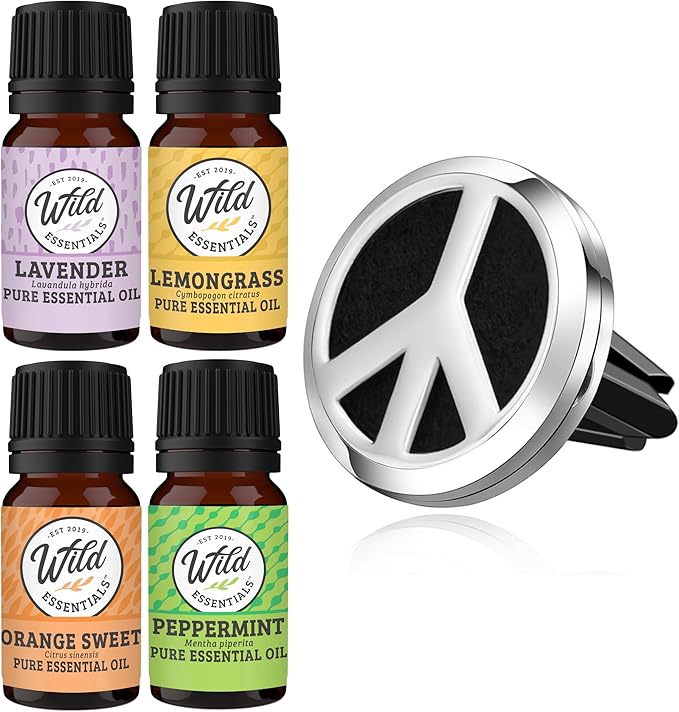 Wild Essentials Peace Sign Essential Oil Car Vent Diffuser Kit, Lavender, Lemongrass, Peppermint, Orange Oils, Stainless Steel Locket Pendant, 8 Refill Pads, Customizable Color Changing Air Freshener